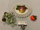 3 pc. lot of vintage fruit decor / collectibles; jade bunch of grapes, orange ring box, Norcrest -