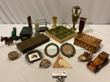 Large lot of vintage decor / collectibles; marble ashtray, wood car, cat statue, Galway Irish