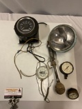 5 pc. lot of vintage auto parts/ gauges; Freightliner speedometer, Mobilite Master spotlight & more