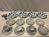 15 pc. lot of vintage GDR - German & Asian flow blue cups/ saucers, bowls, approx 6.5 in.