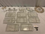 16 pc. lot of vintage crystal / glass tableware; tea trays, gold rimmed dessert carrier +