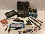 Large lot of used hand tools, socket wrench / screwdriver kits, large wood planer, tap & die set &