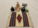 5 pc. lot of vintage items; woven mat, guardian lion Asian incense burner, & more.