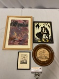 4 pc. mixed lot of framed art; Lee Originals, romantic silhouette, original signed abstract &