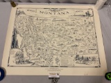 1989 poster print map of US Frontier Pioneer MONTANA, approx 36 x 28 in. Shows wear.