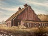 Signed art print Jones Road Barn? Remembered by Leon White, 1998, approx 24 x 18 in.