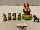 6 pc. lot of figure collectibles; Swiss music box gnomes w/ top only, horse, children figures.