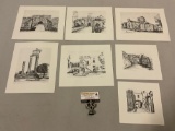 7 pc. lot of vintage 1975 Greek ruins architectural art prints by Charles Dennis, signed, approx 10