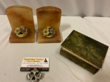 3 pc. lot of antique marble decor; floral bookends & Genuine Alabaster jewelry box made in Italy