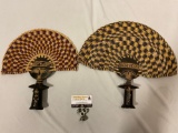 2 pc. lot of woven wicker / wood carved African figure fans, approx 18 x 16 in.