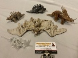 5 pc. lot of handmade dinosaur & bat sculptures; stone carved, ceramic, glass, approx 12 x 5 in.