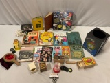 Collection of vintage books on magic tricks; the Great Maestro Show 50 tricks set, wooden magic