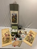 Nice lot of Asian decor: scroll art prints, stoneware tea set, Dynasty Gallery painted ceramic