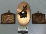 3 pc. Lot of vintage copper art pieces, hummingbird, Canadian rural life copper on wood art pieces,