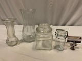 4 pc. lot of vintage glass; 2x HOOSIER GLASS vases, 2 kitchen jars w/ lid.