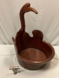 Antique wood wash basin w/ bird / crane design,