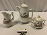 3 pc. lot of vintage gold rimmed porcelain butterfly design tea pot, creamer, sugar bowl