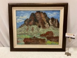 Framed vintage original oil painting of mountain scene, approx 26 x 22 in.