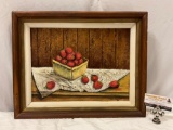 Vintage 1968 framed original still life strawberry painting signed by artist Harriet McCowan