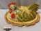 Large FONTANA hand painted ceramic Hen platter w/ chicken design lid