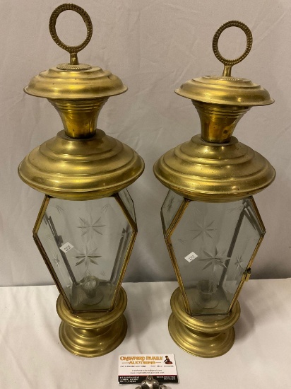 Pair of antique brass / cut glass candlestick lanterns, approx 6 x 20 in.