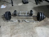 set of free weights with 3 bars, weight holders , large bar is adjustable 144 pounds in weights