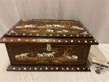 Large vintage wood jewelry box w/ inlay elephant design, approx 20 x 14 x 9 in.