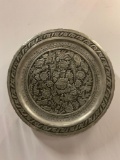 Antique hammered metal tray w/ floral & bird design, approx 16 x 4 in.