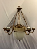 Metal hanging light fixture w/ 7 lights & glass shade, approx 26 x 30 in.