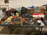 Huge selection of 2 tables full of tools tools, Drill press, hand sander?s, battery charger plus