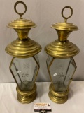 Pair of antique brass / cut glass candlestick lanterns, approx 6 x 20 in.
