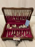 Vintage 74 pc. lot of COMMUNITY silver plate flatware set w/ wood case, approx 17 x 11 x 4 in.