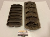 2 pc. lot of vintage cast iron cornbread mold baking pans; corn cob & LODGE 5PP2 fish shaped