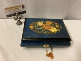 Vintage wood music box locking jewelry case w/ key, made in Italy, plays: Isle of Capri