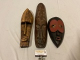 3 pc. lot of vintage wood carved African masks, 2 marked: handcrafted in Ghana