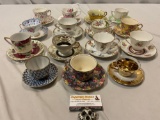 15 sets of vintage tea cups & saucers; Saji, Royal Standard, USSR, Rosina, Clarence, Tuscan & more.
