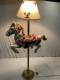 Vintage standing hand painted carousel horse brass lamp w/ shade, tested/working