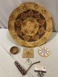 6 pc. lot of vintage Native American craft art pieces; lg. woven bowl, beaded jewelry, see pics