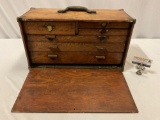 Antique wood 6 drawer storage box / artist tool kit w/ handle & door, approx 20 x 8 x 11 in.