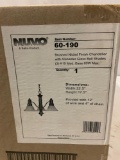 NUVO LIGHTING brushed nickel finish chandelier w/ alabaster glass bell shades in sealed box