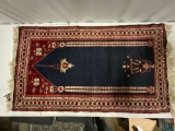 Fine handmade vintage wool oriental prayer rug in blue tones w/ fringe, approx 62 x 38 in.
