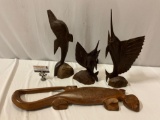 4 pc. lot of large vintage animal wood carvings; sword fish, dolphin, gecko w/ nice details