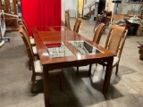 Thomasville pecan? dining table w/ 2 leaves, beveled glass inserts , 6 cane back chairs
