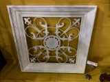 Wood framed w/ metal tin art piece, painted white, approx 28 x 28 in.