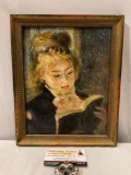 Antique framed 1938 Renoir canvas art print THE READER - Les Editions Braun - Paris, approx 9 x 12