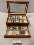 Nice window jewelry box w/ 7 wrist watches; Timex, Guess, Citizen plus military pins & cufflinks.