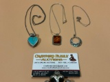 Three vintage Sterling Silver necklaces with silver pendants of turquoise, abalone, & authentic