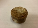 Nicely carved round jade box with detailed high relief carving of 3 circling beasts