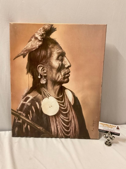 Native American portrait print by Ana Grigorjev, shows wear on edges, approx 16 x 20 in.
