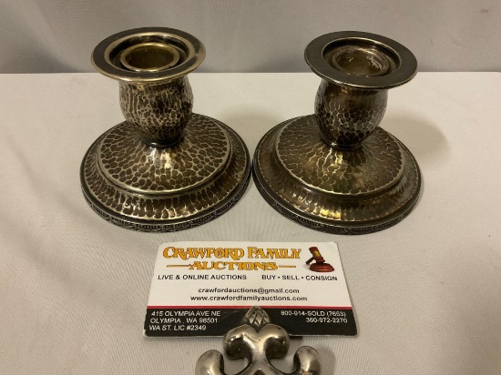 Pair of antique T&T hand hammered nickel silver candle holders , approx 4 x 3 in.